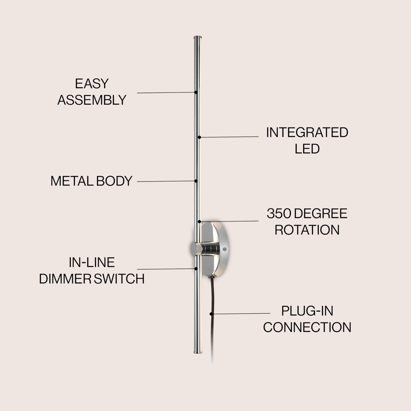JONATHAN Y 27.25" Chrome 1-Light Modern Integrated LED Wall Sconce, Minimalist Plug-in Adjustable Bar Lamp for Bedroom Living Room, Dimmable Iron