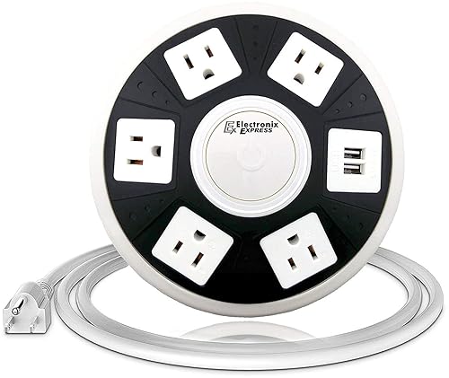 ETL Certified Round Power Strip - 5 Outlets with Surge Protection, 2 USB Charging Ports, and On/Off Button by EX ELECTRONIX EXPRESS