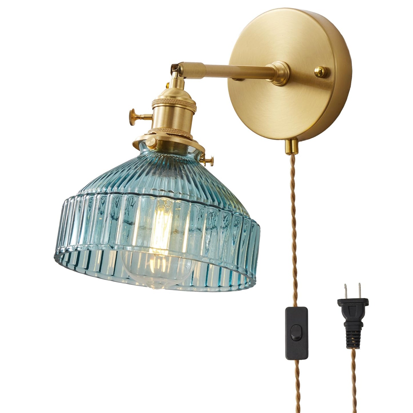 YJQHXY Plug in Modern Minimalist Handcrafted Glass Wall Sconce with Adjustable Brass Socket Adjustable Wall Lamp with Cable 180 Degree Up and Down