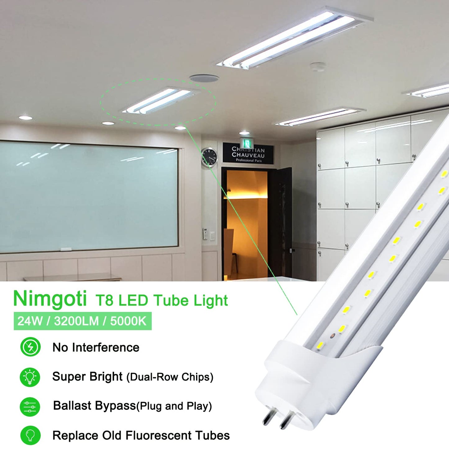 Nimgoti T8 LED Bulbs 4 Foot, 12-Pack 4FT LED Tube Light, 24W 3200LM, 5000K
