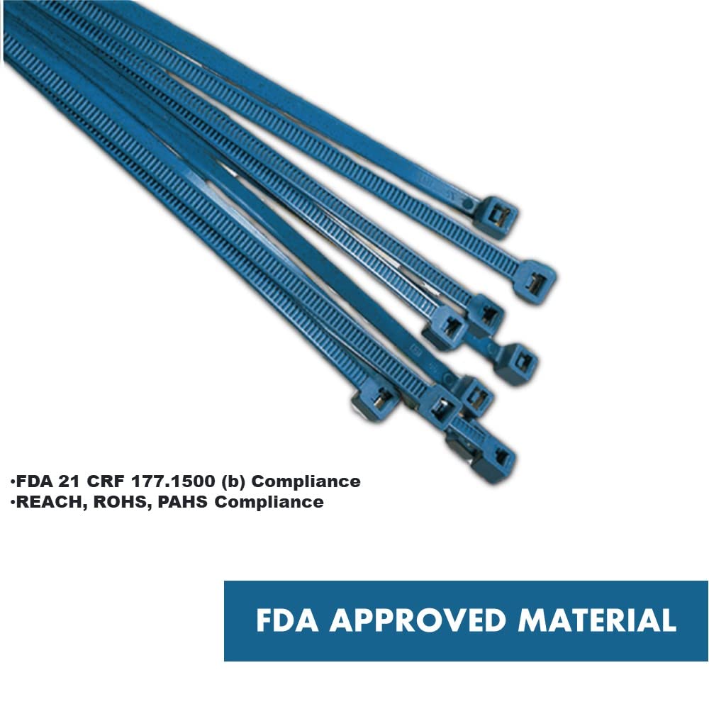 Kable Kontrol Metal Detectable Blue Zip Ties 100 Pcs 8 Inch, 50 Lbs Tensile Strength, Iron Infused Self-Locking Industrial Cable Ties