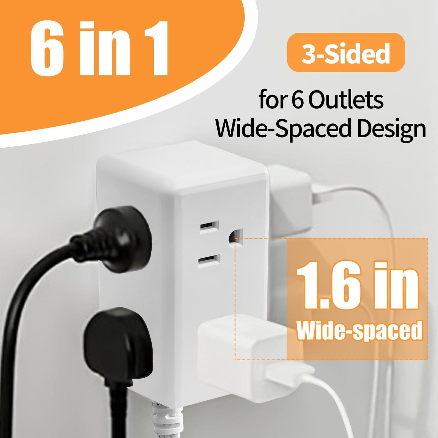 Flat Plug Power Strip 6 Outlet Extender 5FT Extension Cord Three Side Outlet Splitter Wall Mount Power Strip for Home Office Dorm Room (1PC)