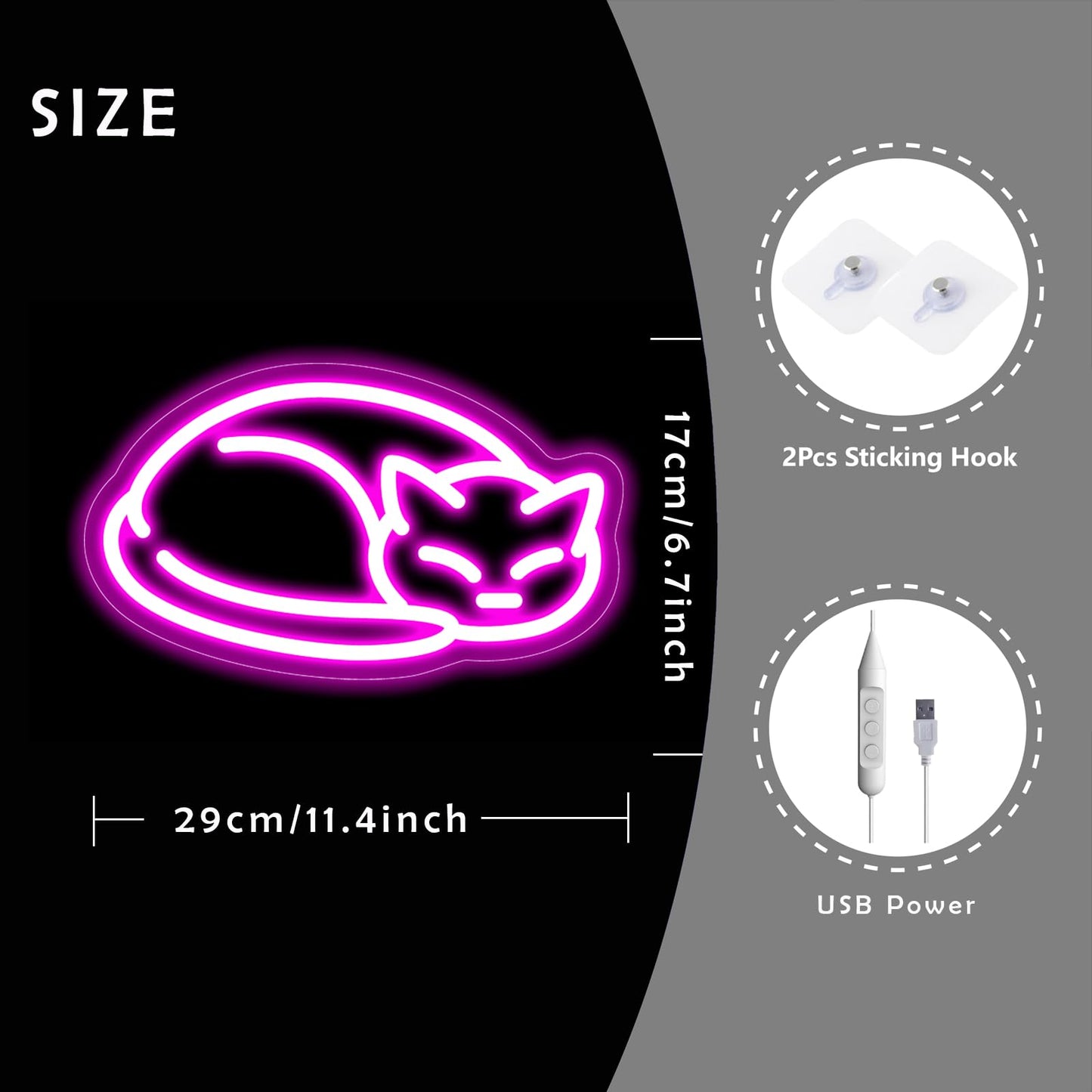 Pink Cat Neon Sign for Wall Decor - Sleeping Kitten LED Neon Light with Dimmable Switch, 11.4" x 6.7" USB Powered Night Light, Aesthetic Room Decor