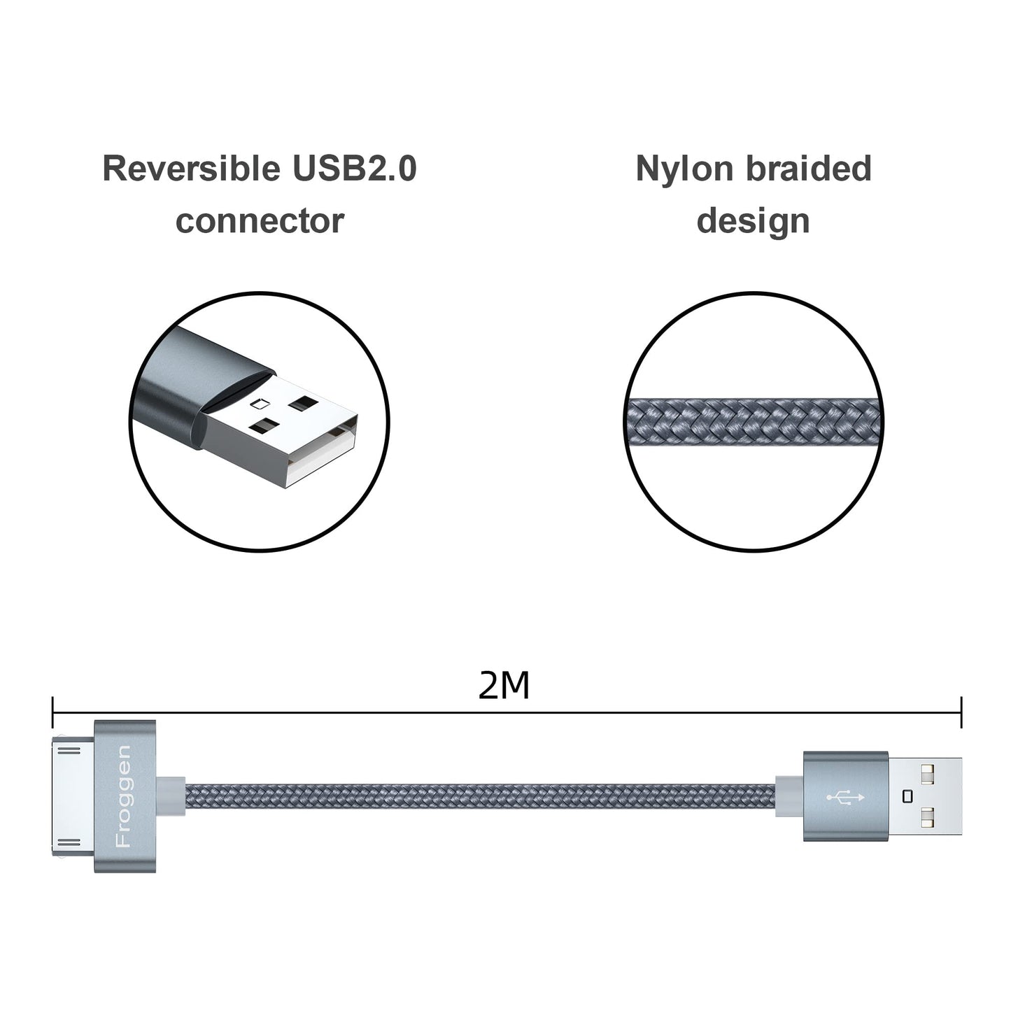 Froggen 30 Pin USB Sync Charging Cable Compatible with iPhone 4/4s, iPhone 3G/3GS, i-Pad 1/2/3, i-Pod 3.2 FT