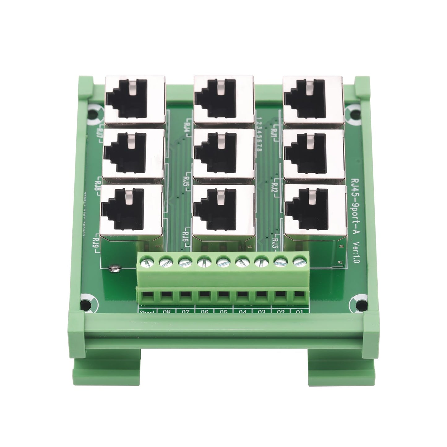 Jienk RJ45 8P8C 9-Way DIN Rail Mount Ethernet Connector Distribution Breakout Buss Board, RJ45 Vertical Jack Terminal Module