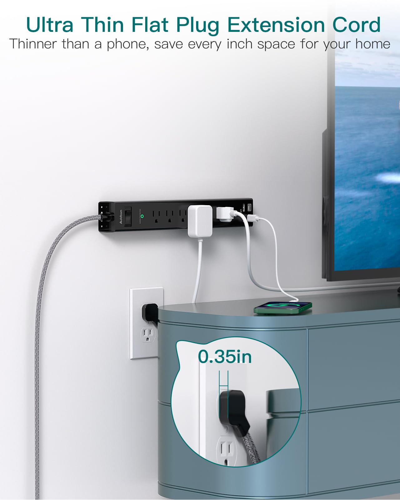 Surge Protector Power Strip - Extension Cord with Addtam 6 AC Outlets 4 USB (2 USB-C Ports), 1875W/15A, Flat Plug with Overload Surge Protection