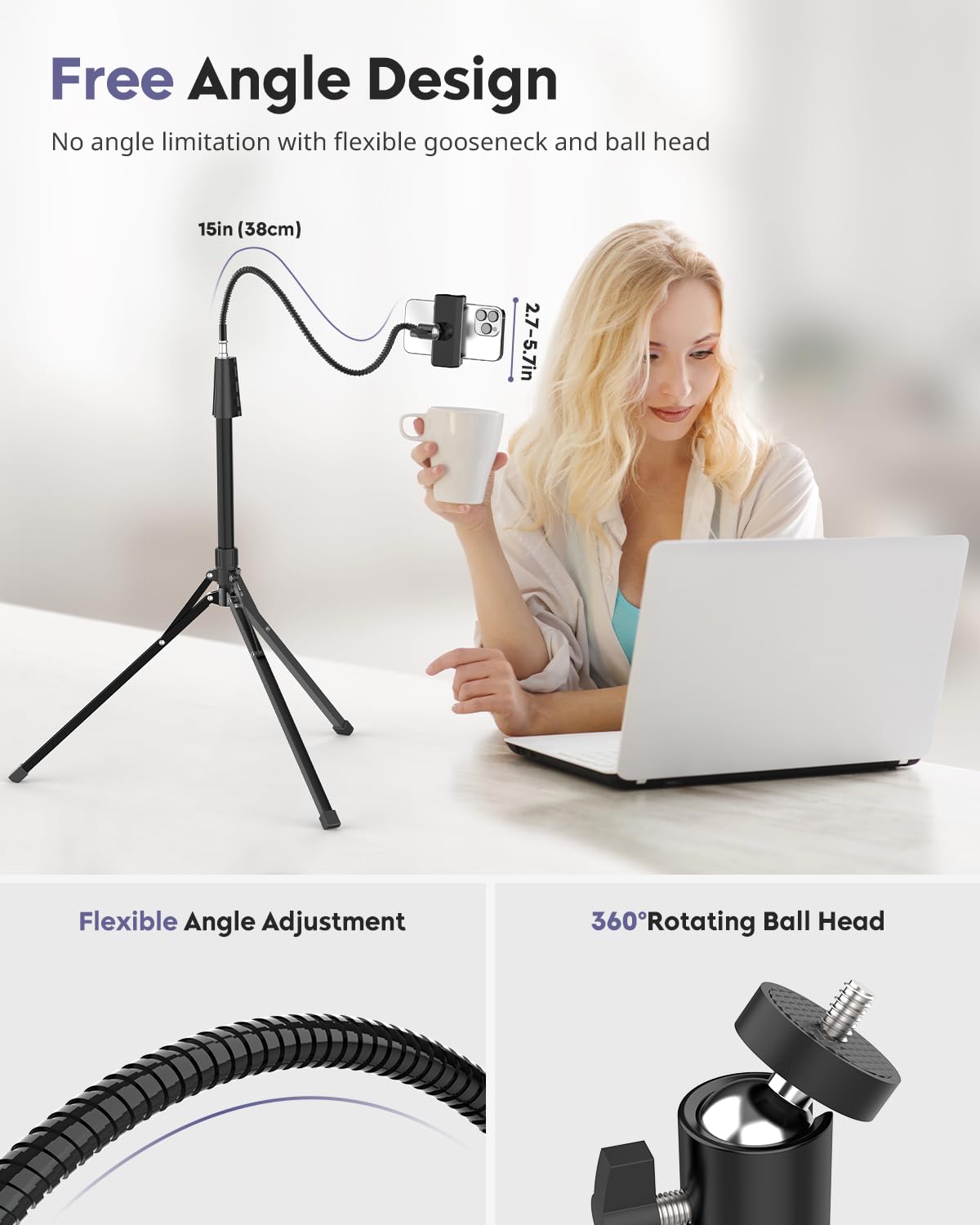 Aureday Phone Tripod, 92" Cell Phone Stand with 15" Gooseneck, Remote and Phone Holder, Overhead & Selfie Stick for Recording/Watching/Vlog