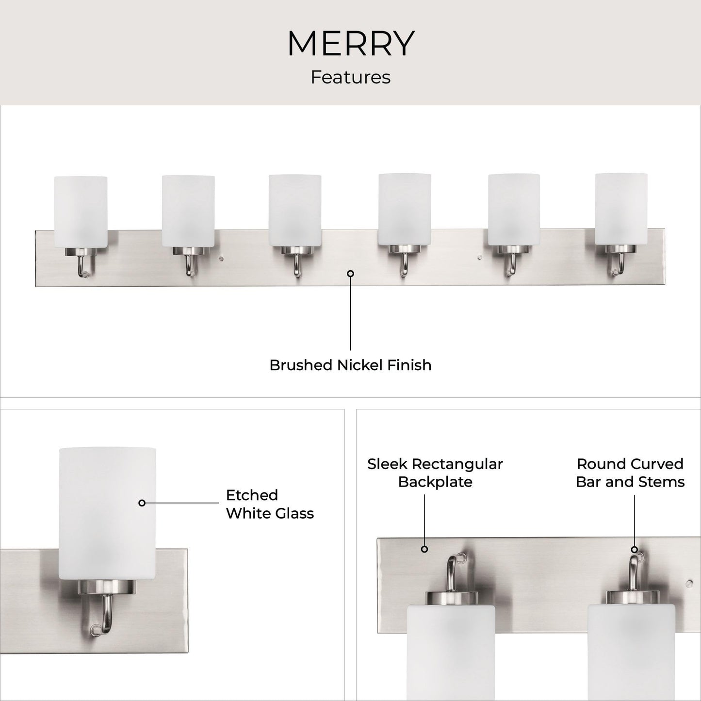 Progress Lighting Merry Collection Six-Light Bathroom Light Fixture, Brushed Nickel and Etched Glass Transitional Style Bath Vanity Wall Light, 48" L
