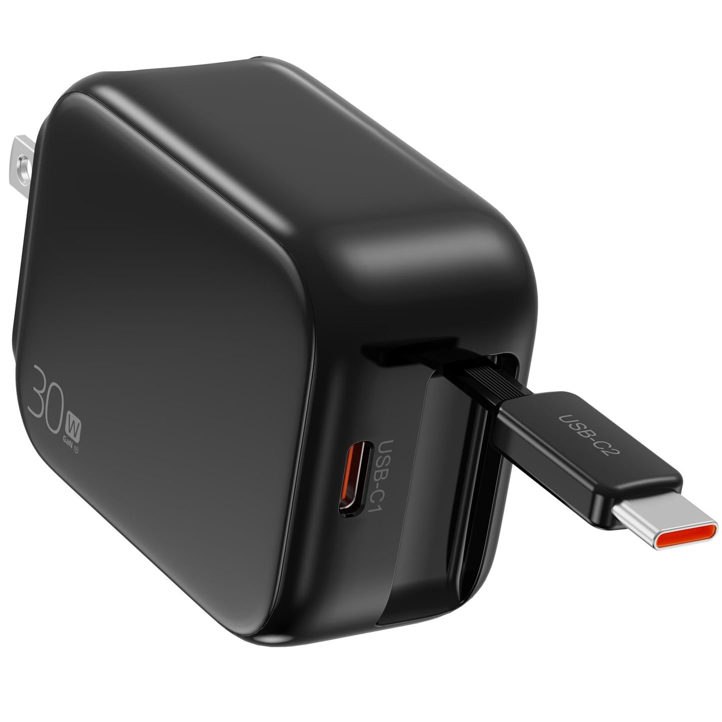 2-in-1 Retractable Wall Charger Plug with USB C Port and 27in/70cm Type C Cable,Travel Essentials 30W Fast Charging Foldable Block for iPhone