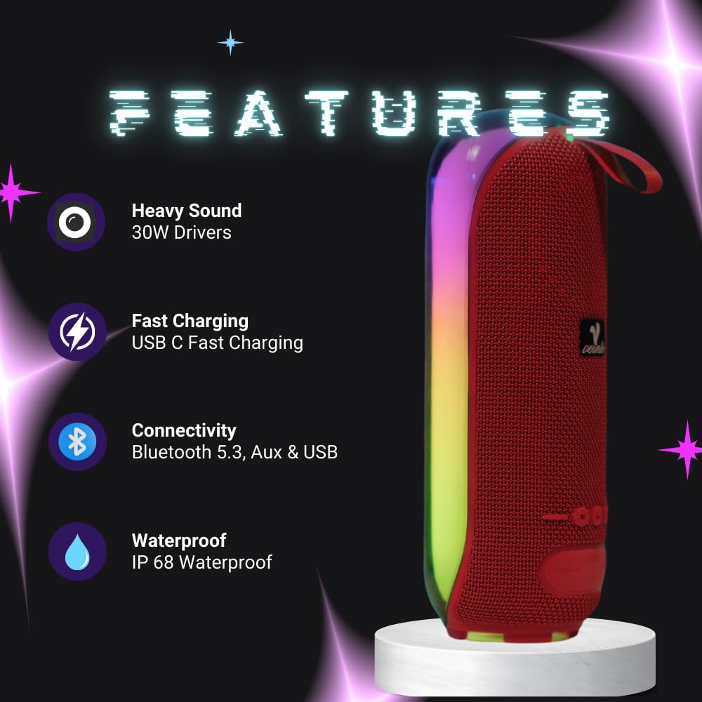 Vernte Portable Bluetooth Speaker with Lights, Powerful Crystal Clear Sound, IPX5 Waterproof, All Day Playtime, BT 5.3, TWS Paring, Sleek Wireless