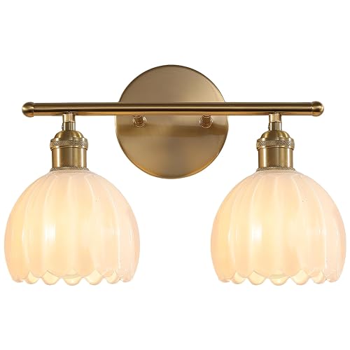 Rnidaipi Bathroom Light Fixtures, 2-Light Vanity Wall Light Over Mirror with White Tulip Glass Shade for Bedroom Living Room, Brass Gold