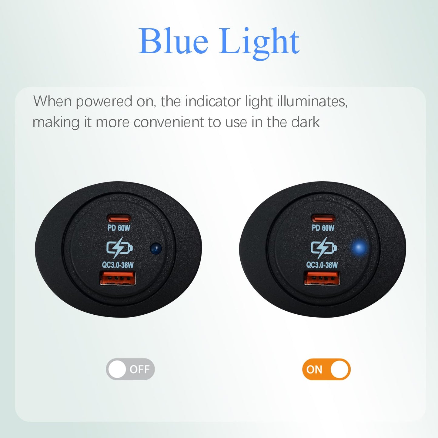 Dual USB Fast Charger Socket 12V 60W PD & QC3.0 Type-C USB-A Ports Car Boat Marine Power Adapter Blue LED