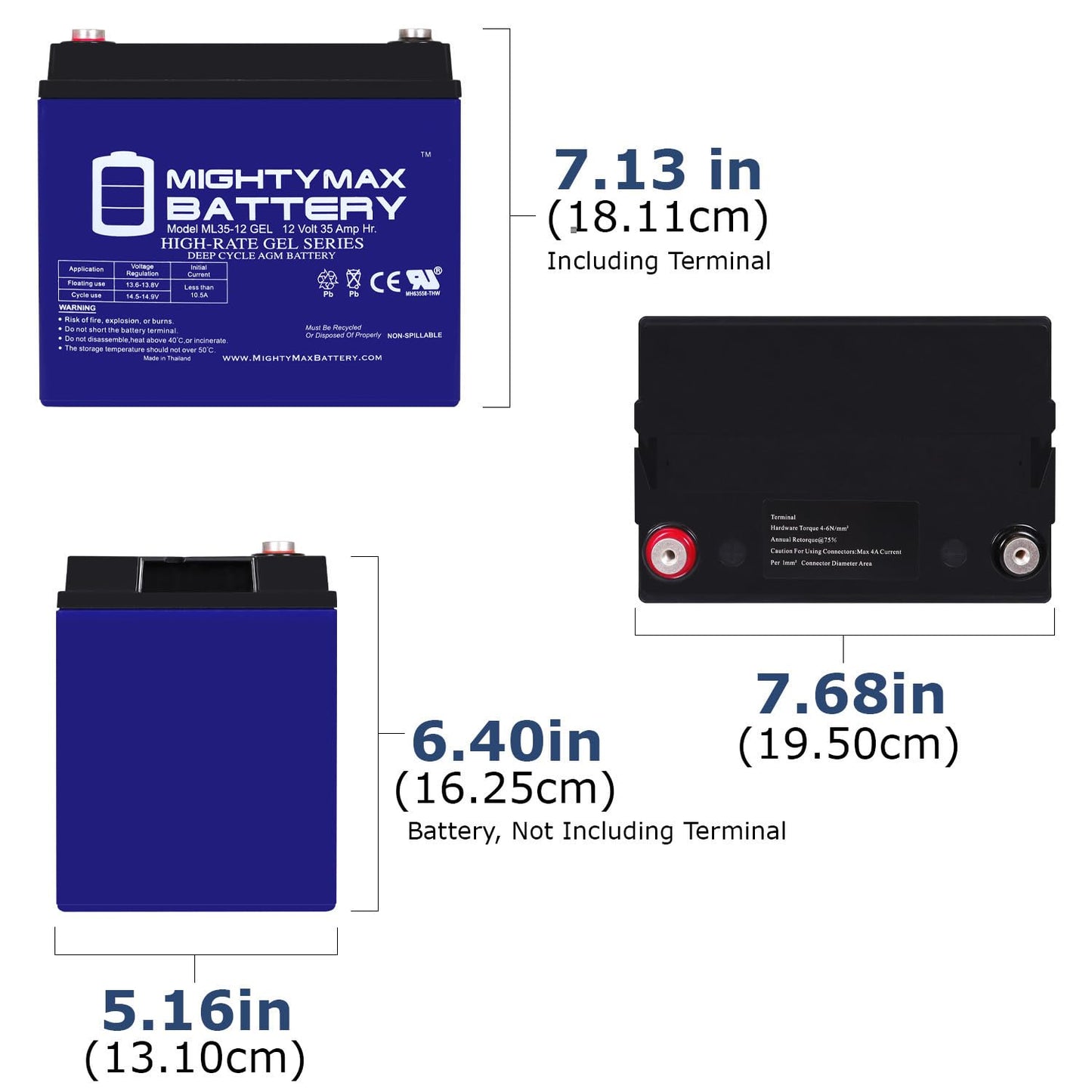Mighty Max Battery ML35-12 GEL - 12 Volt 35 AH, GEL Type, Internal Thread (INT) Terminal, Rechargeable AGM Battery