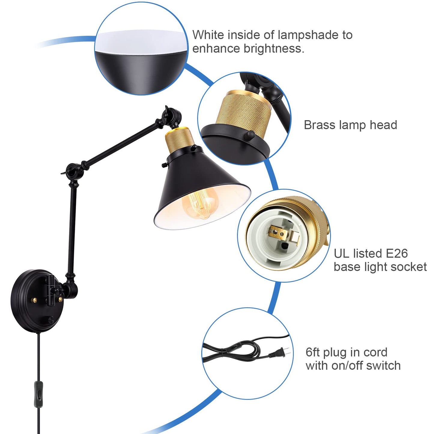 TRLIFE Wall Sconce Plug in, Dimmable Wall Sconce with Switch Swing Arm Wall Lights Plug in Wall Mounted Light Wall Sconces Lighting with 6FT Plug in