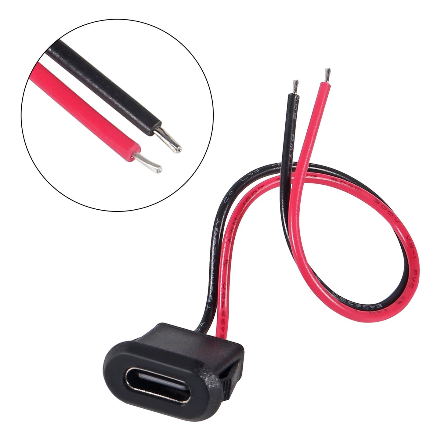 Coliao 20pcs Type-C Female Chassis Waterproof 2P Solder Wire Type USB C Pigtail Cable Extension Power Cable USB-C Plug to 2 Pin Bare Wire Open End