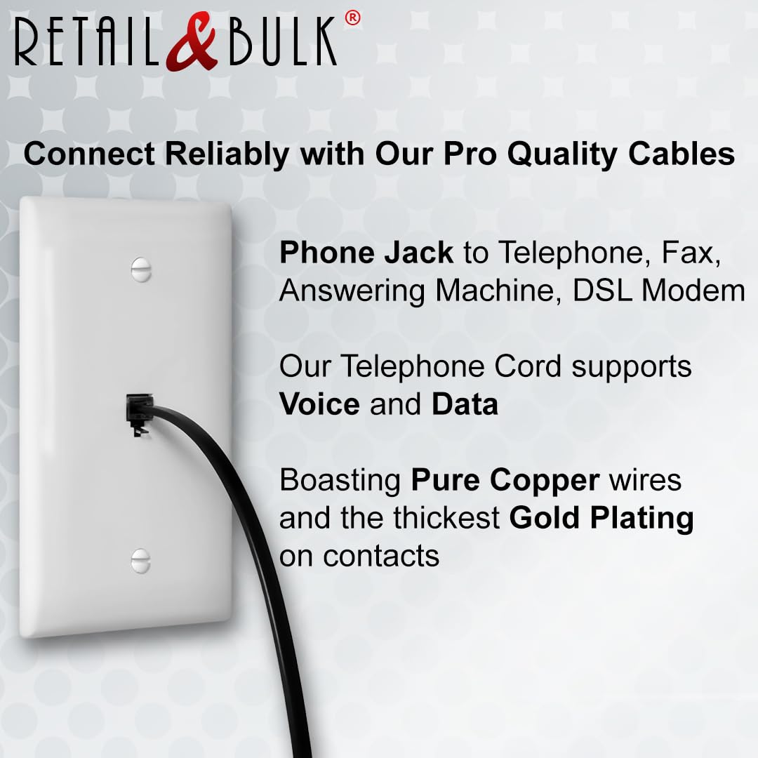 RetailAndBulk (2 Pack) 1.5 Foot Telephone Cord, Professional Grade Made in USA, 6P4C Male RJ11 Plugs with 50 Micron Gold Contacts, Pure Copper Wire