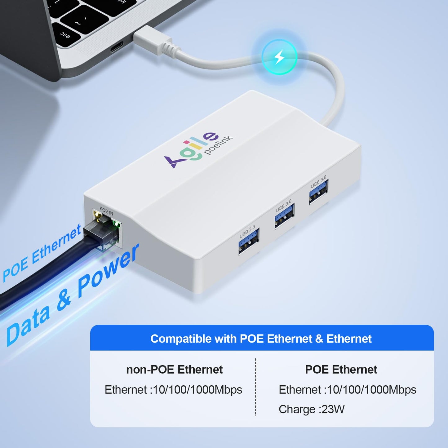 AGILEPOELINK PoE to USB C Hub, USB-C to Ethernet Multiport Adapter Plug & Play, 5 in 1 (Gigabit Ethernet, 23W Powered by POE 802.3at, 3*USB 3.0)