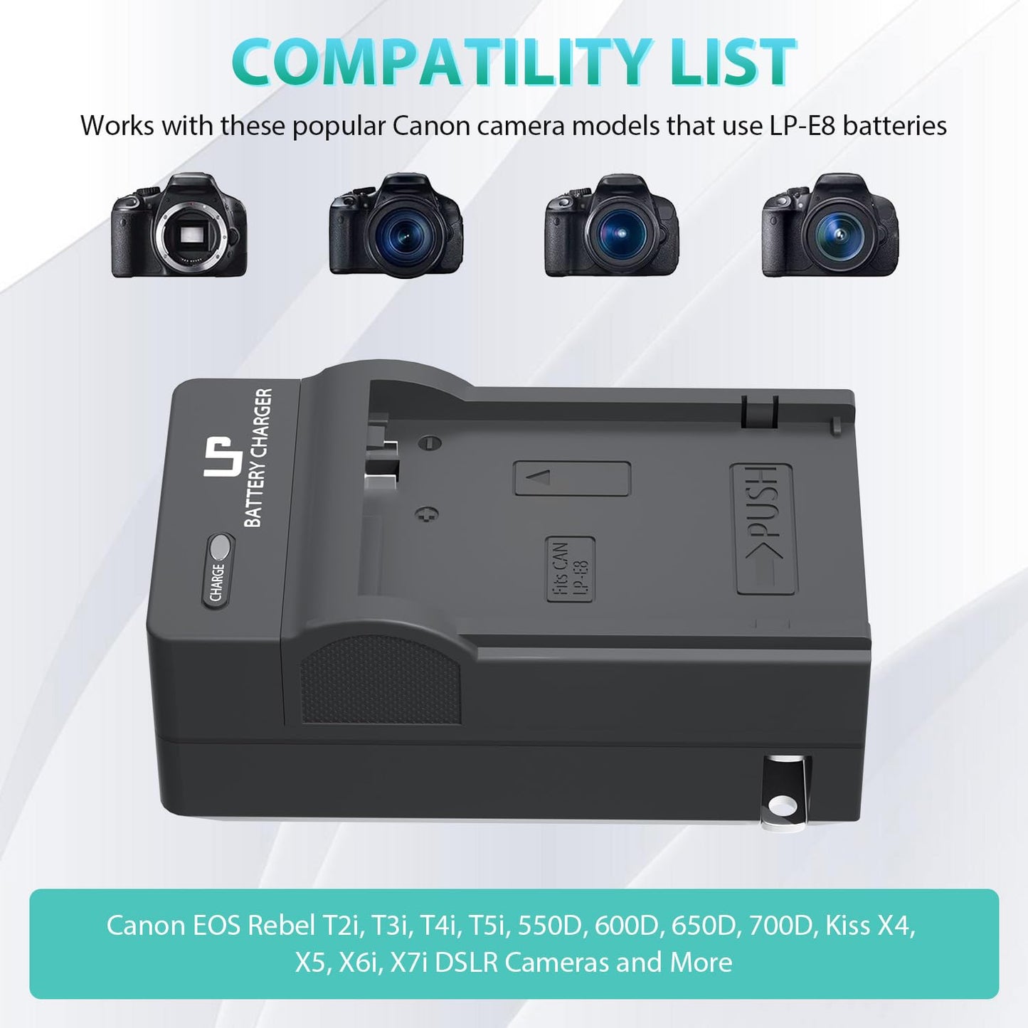 LP E8 Battery Charger, Charger Compatible with Canon EOS Rebel T2i, T3i, T4i, T5i, 550D, 600D, 650D, 700D, Kiss X4, X5, X6i, X7i Cameras & More (Not