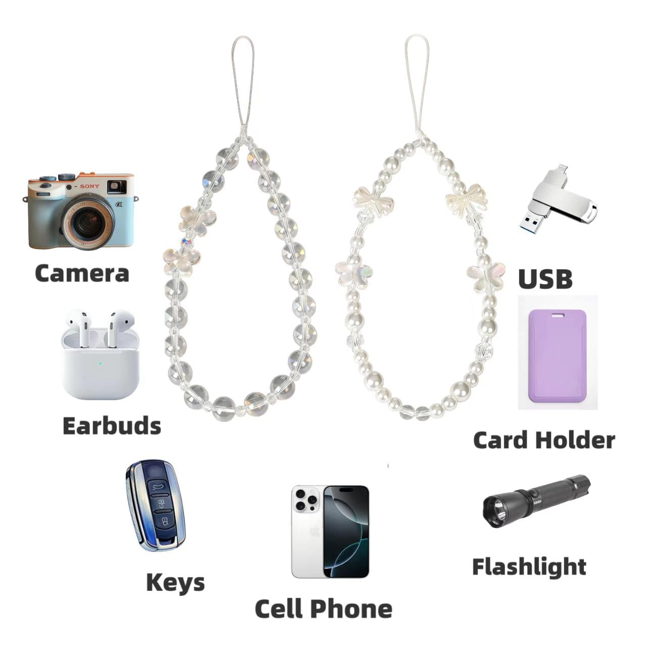 NUANJUYU 2PCS Handmade Beaded Phone Strap, Crystal Butterfly Bow Pearl Phone Lanyard Wristlet Keychain for Women?Crystal White?