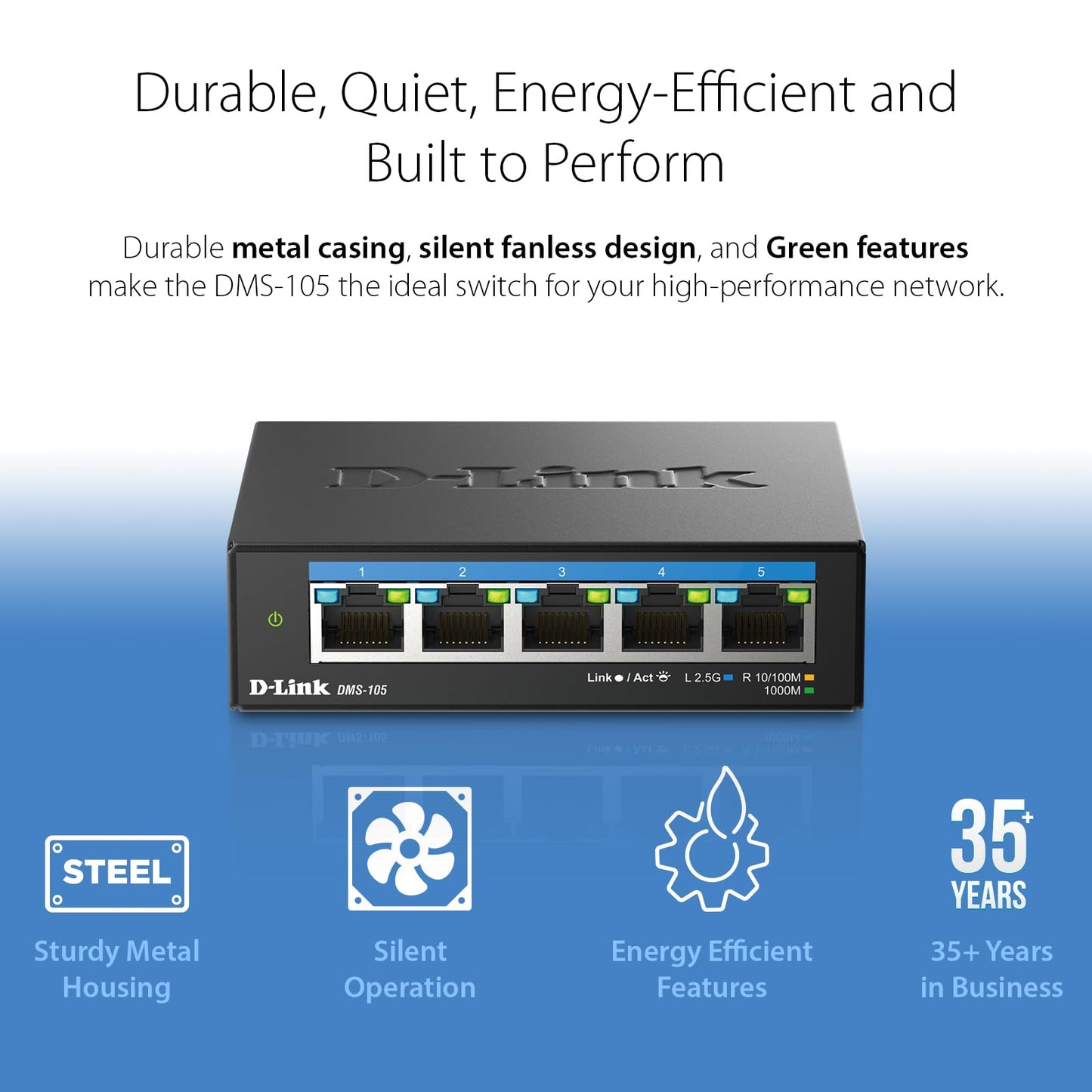 D-Link 5-Port 2.5GB Unmanaged Gaming Switch with 5 x 2.5G - Multi-Gig, Network, Fanless, Plug & Play (DMS-105/RE) (Renewed)