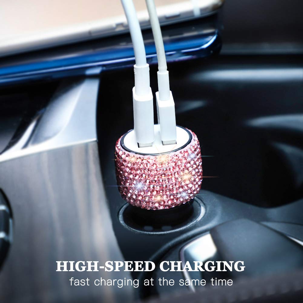Dual USB Car Charger,SAVORI Car Adapter Bling Bling Rhinestones Crystal Car Decorations for Fast Charging Car Decors for iPhone Xs Max X Plus, iPad