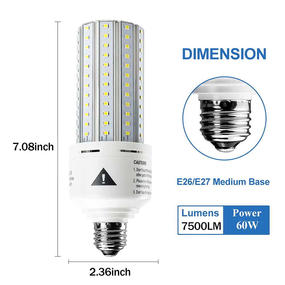 ZP 2 Pack Led Light Bulb 500W Equivalent 7500 Lumen 5000K E26/E27 Medium Base 60W led Bulb for Outdoor Indoor Lamp Area Garage Warehouse Workshop