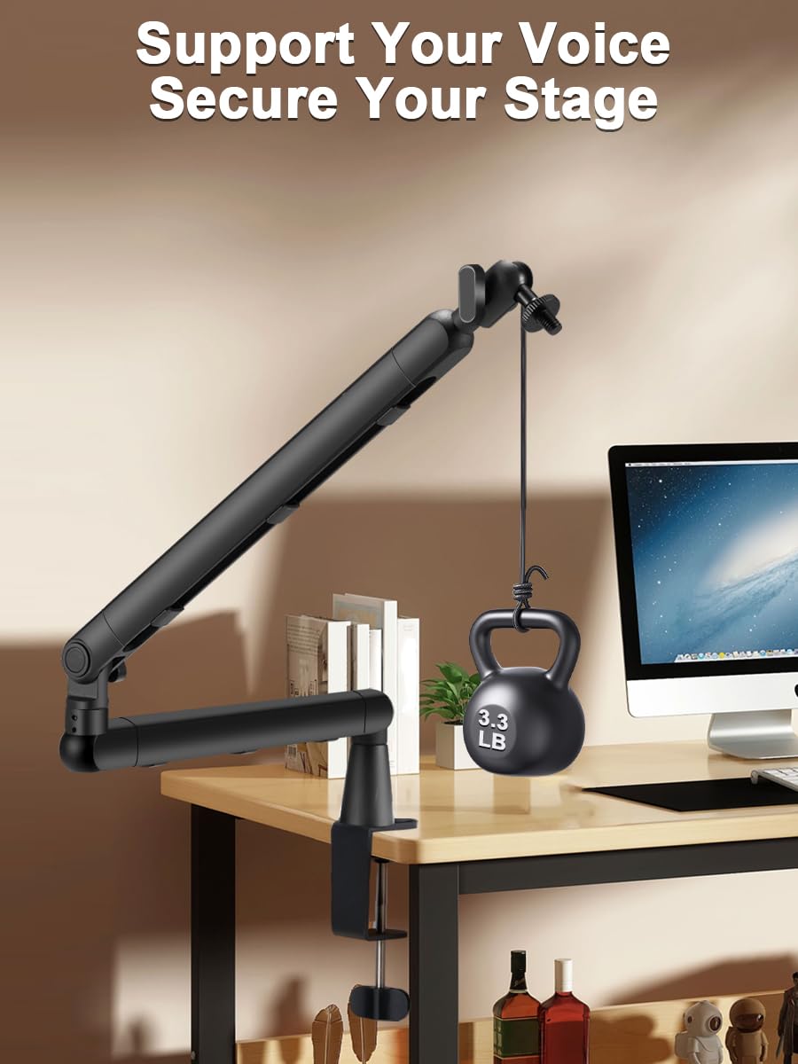 BOSEEN Low Profile Mic Arm Stand,Adjustable Desk Clamp Mic Boom Arm with 360°Swivel and Detachable Rise Column?Built-In Cable Management,with Mic Clip