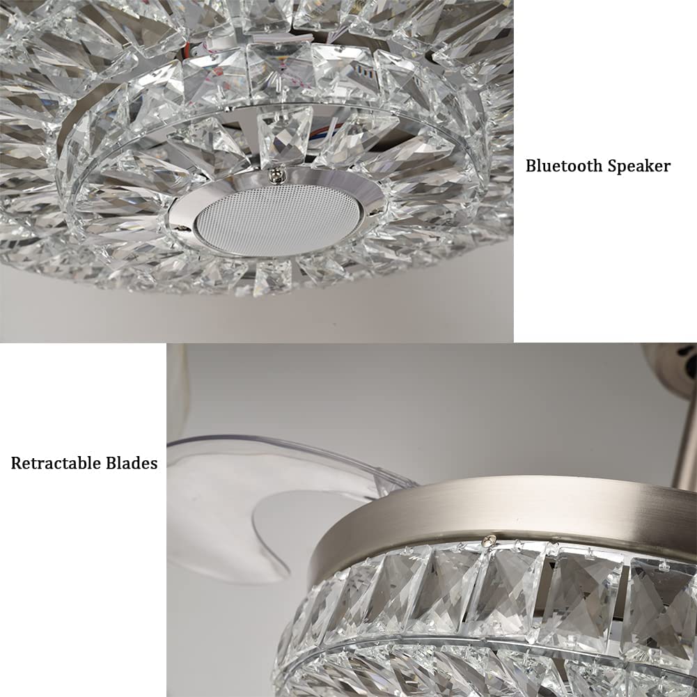 efperfect 42" Crystal Ceiling Fan Light with Remote and Bluetooth Speaker, Retractable Fandelier 7 Color Dimmable Music Player LED Chandelier Fans