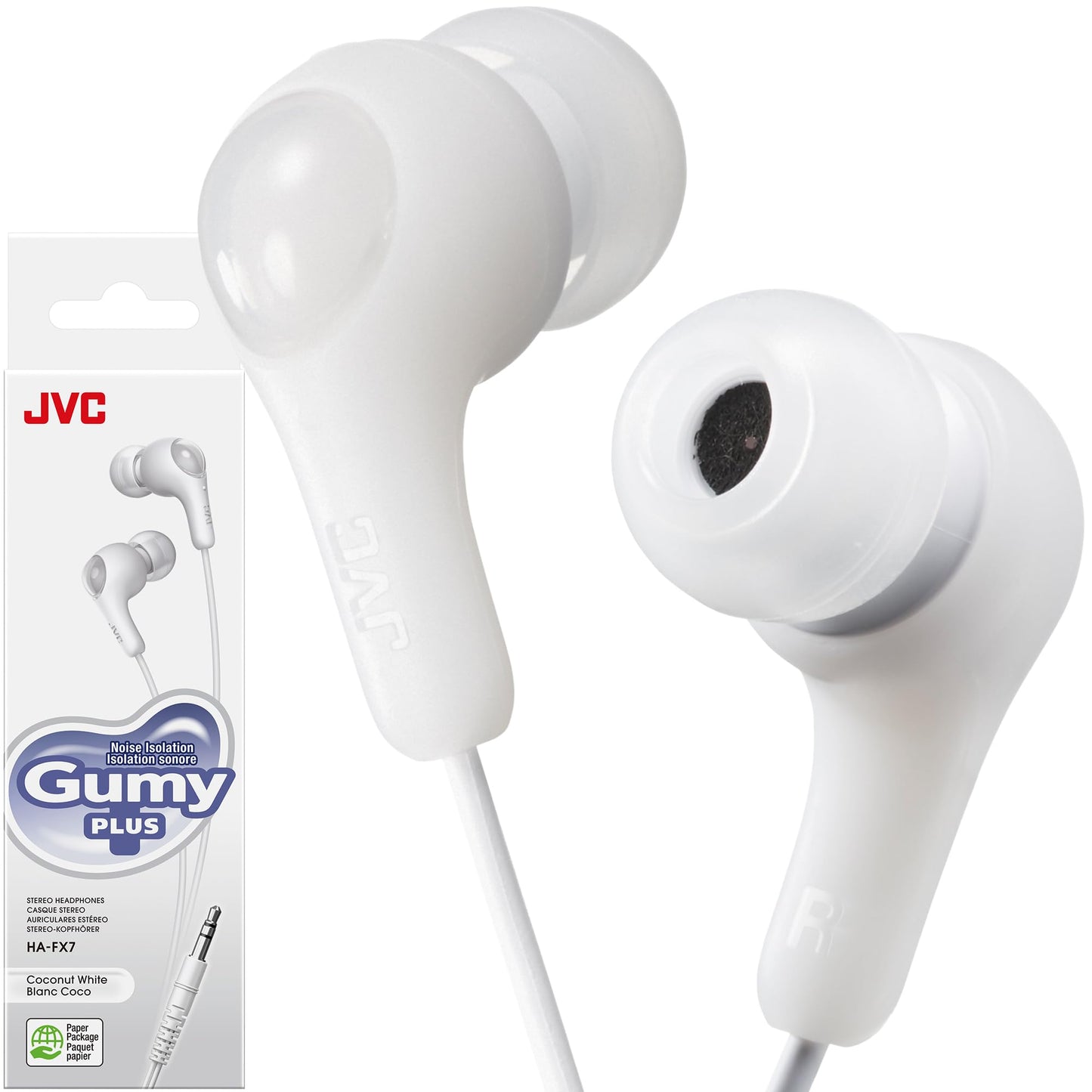 JVC Gumy in Ear Earbud Headphones with Paper Package, Powerful Sound, Comfortable and Secure Fit, Silicone Ear Pieces S/M/L - HAFX7WN (White)