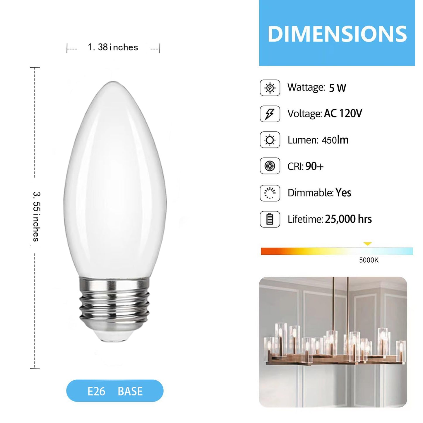 FUTIME 6Pack B11 LED Candelabra Bulbs, 5W Equal 40 watt Edison Light Bulbs