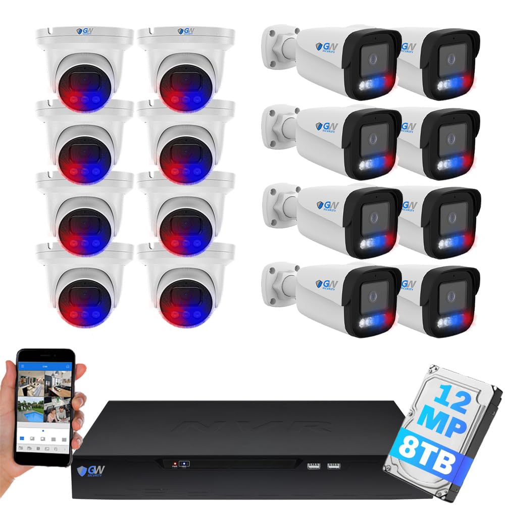 GW Security UltraHD 12MP 6K Full Time Color Night Vision 32 Channel Security Camera System with (8) Bullet and (8) Dome 12MP (4512x2512P) PoE 2-Way