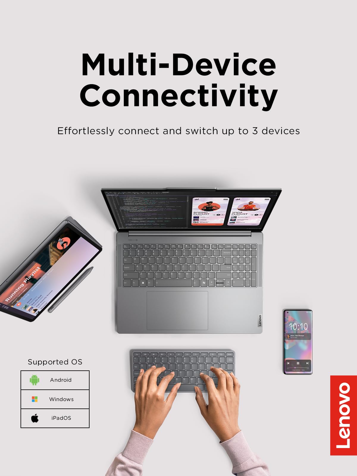 Lenovo Multi-Device Wireless Bluetooth Keyboard, Connect Up to 3 Devices Simultaneously, Compatible with iOS, Android, Windows, Slim Profile