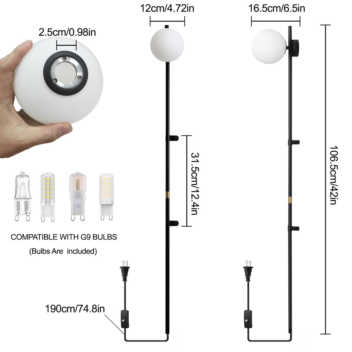 HOMLUCE Modern Plug in Wall Sconce Globe Shade Indoor Wall Light, LED Wall Mounted Lamp with Plug in Switch, Wall Lamp for Bedroom Living Room Study