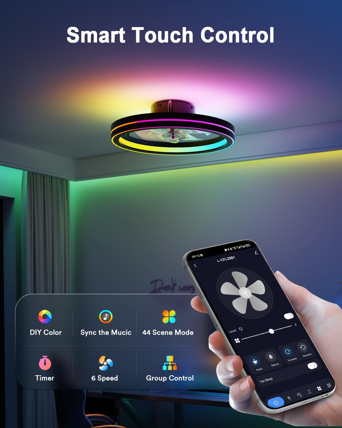 Lumary Smart Ceiling Fans with Lights and Remote, WiFi & Bluetooth Low Profile Ceiling Fan with 2200K Nightlight for Bedroom, RGBAI & 42 Scenes Mode