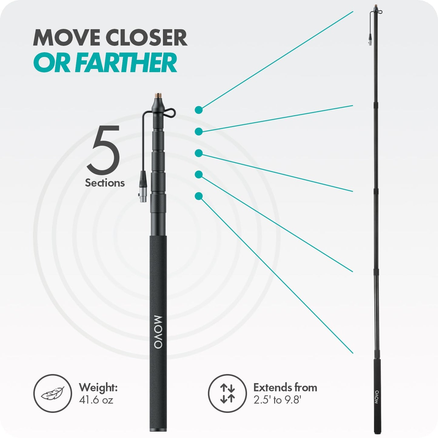 Movo CMP-17C Professional 9.8' Aluminum Boom Pole for Shotgun Microphones with Internal XLR Cable - Compatible with Rode NTG Series, Sennheiser