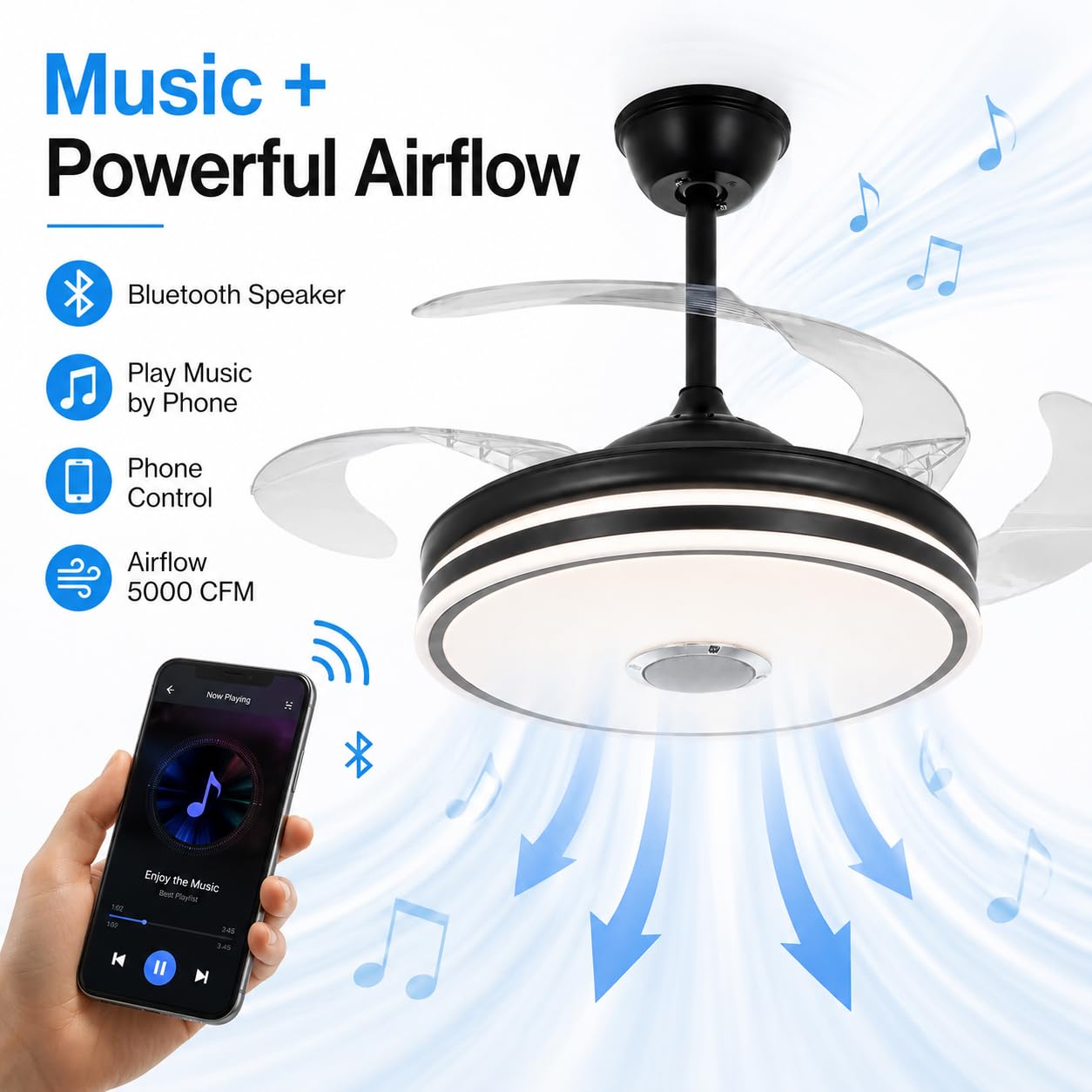 RuiWing Home 42 inch Bluetooth Ceiling Fan with Light and Speaker