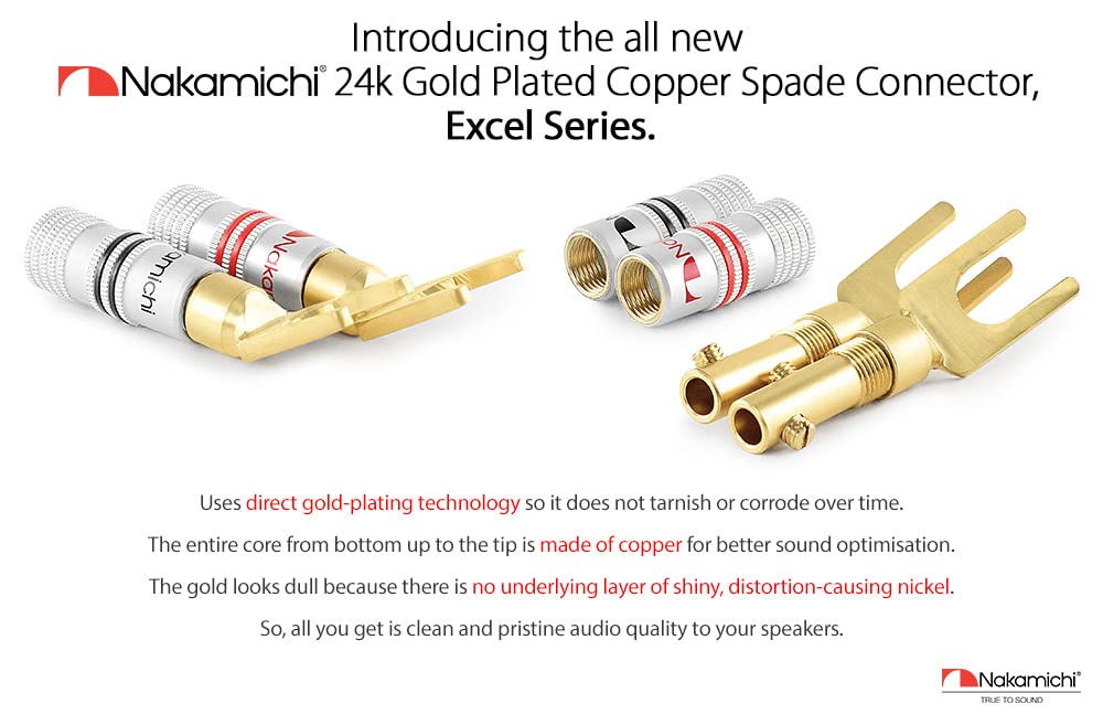 Nakamichi Excel Series 24k Gold Plated Spade Y Banana Plug 12-18 AWG Gauge Size 4mm Speakers Amplifier Hi-Fi AV Stereo Home Theatre Audio Wire Cable