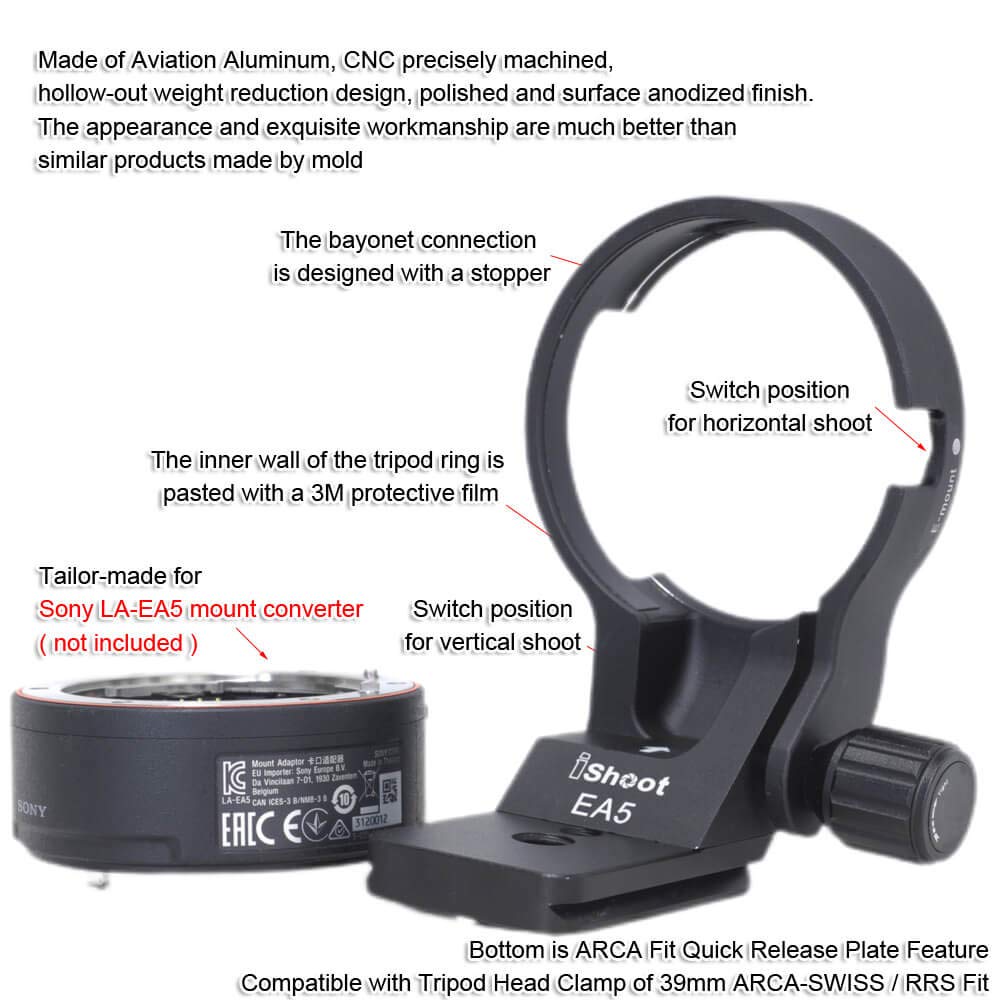 iShoot 66mm Lens Collar Tripod Mount Ring Compatible with Sony LA-EA5 Mount Converter Adapter Ring, Lens Support Holder Bracket Bottom is Arca-Swiss