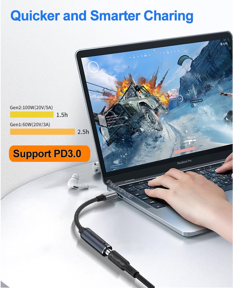 PLUSPOE PD 100W DC 5.5mm x 2.1mm Female Input to USB Type C Male Power Charging Cable, 100W DC5521 to Type C Cable with PD Automatic Identification