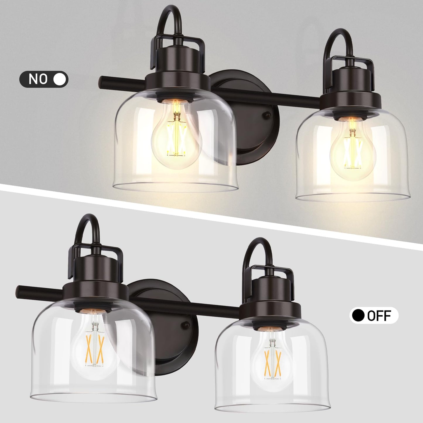 Bathroom Light fixtures, 2 Light Bronze Bathroom Vanity Light, Modern Vanity Light Fixtures with Metal Base and Clear Glass Shade, Wall Sconces