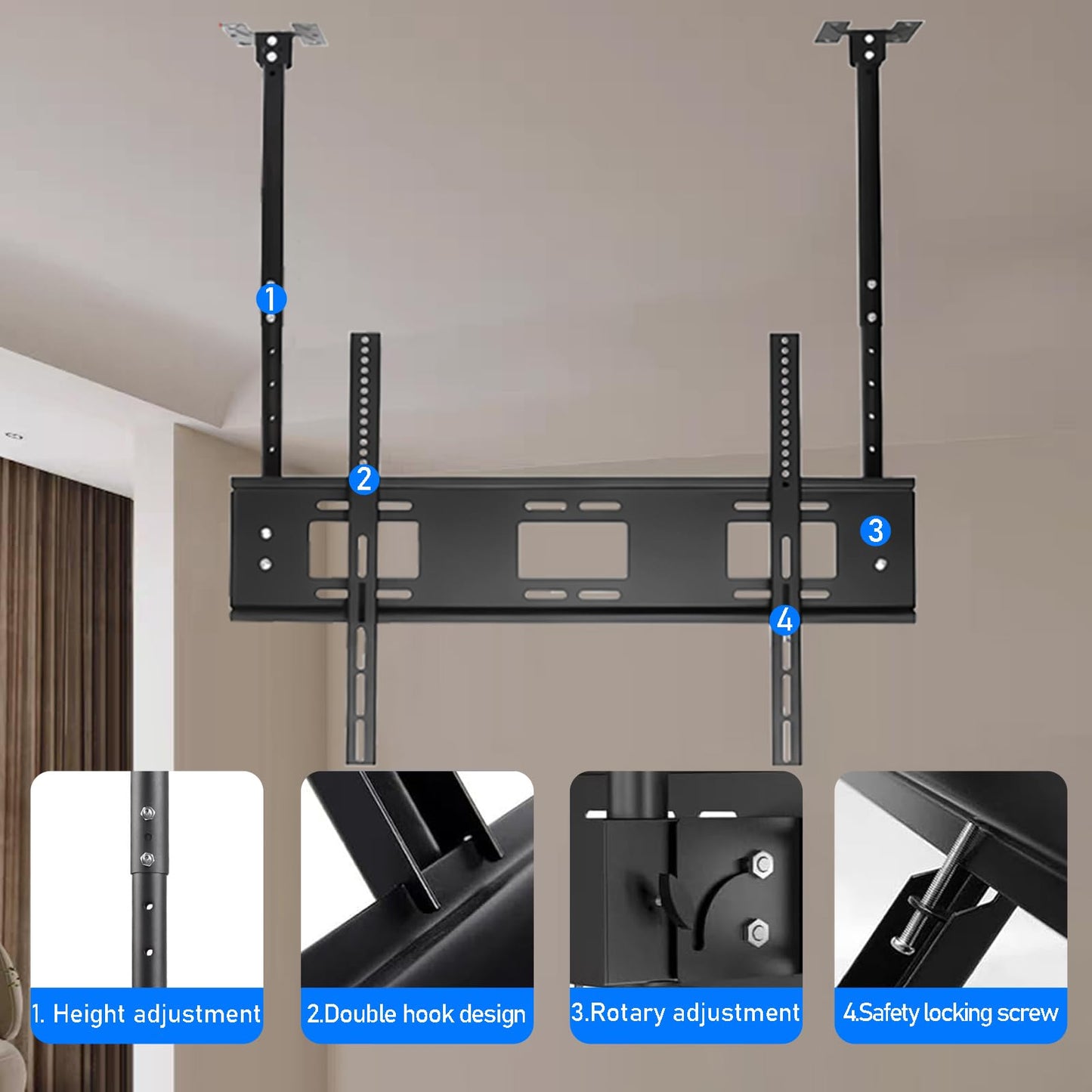 Ceiling tv Mount for 55-86 inch Flat Screen Displays, Height Adjustable,Tilt Ceiling Mount TV Bracket, Hanging tv Mount Holds up to 154lbs, Max VESA