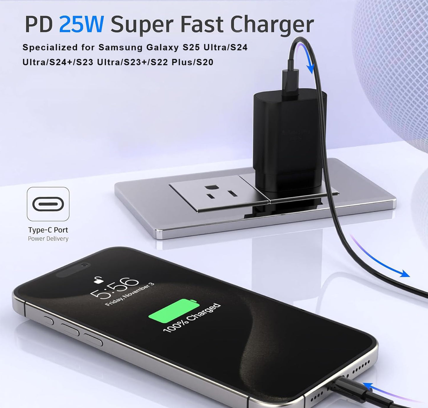3-Pack Fast Type C Charger, Type C Charger Fast Charging Block with USB C Cable Compatible with S24U/S23/S22/S21/S20/i Phone 17/16/15