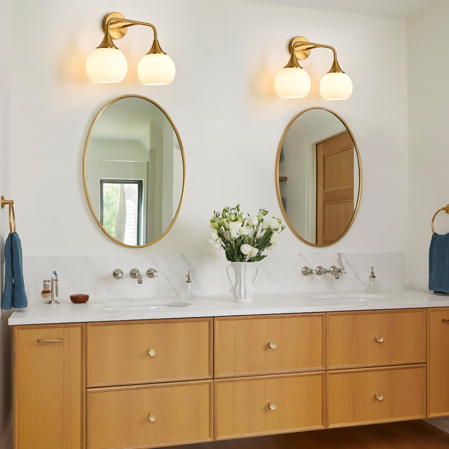 ZHUOER Gold Bathroom Light Fixtures 2-Lights Vanity Lights with Milk White Glass Shade Vanity Lights for Bathroom Modern Bathroom Wall Sconce(Exclude