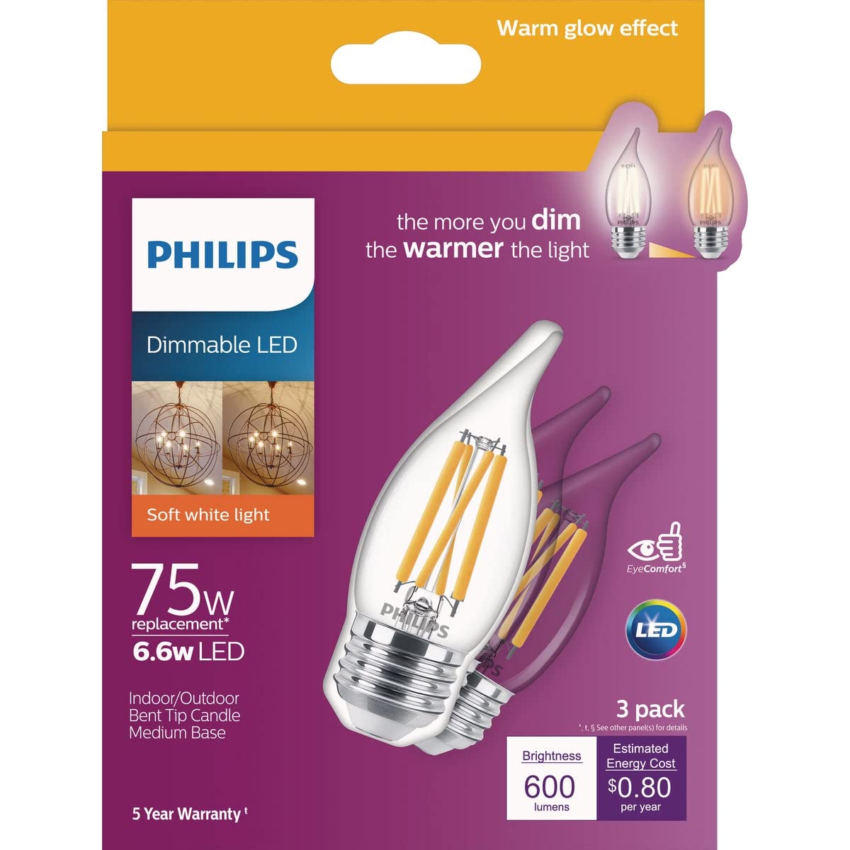 Philips LED Clear Dimmable, Warm Glow Effect BA11 Light Bulb - Pack of 3 - EyeComfort Flicker Free - 6.6W=75W - 600 Lumen - Soft White (2700K) - E26