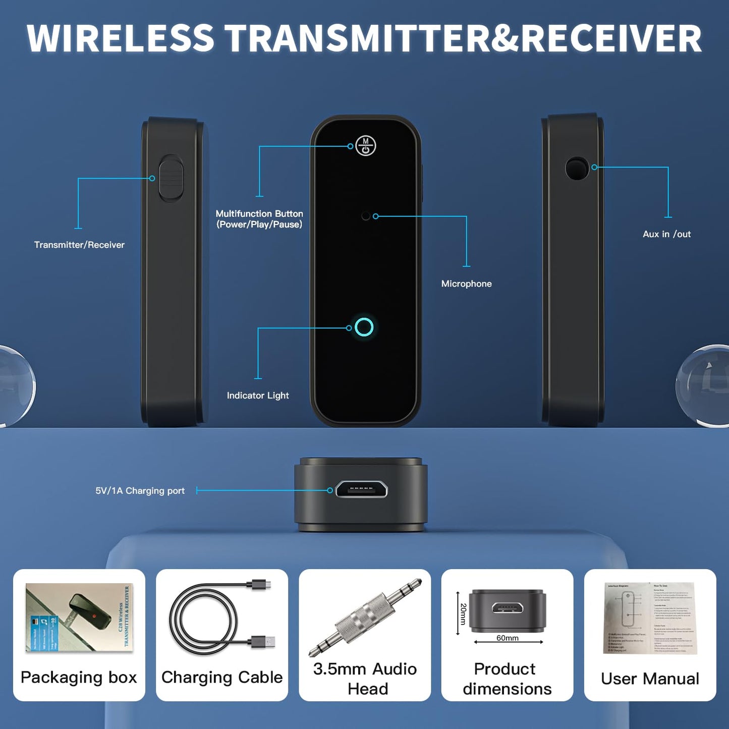 Aux Bluetooth Adapter Portable 3.5mm Blue-tooth Aux Adapter for Car 2 in 1 Wireless Bluetooth Receiver for Car/Home/TV