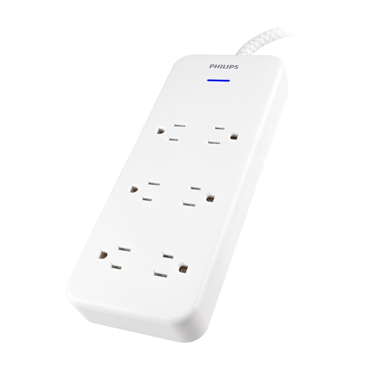 Philips 6-Outlet Surge Protector with Multiple Outlets, 8 Ft, Braided Cord,1080 Joules, Adapter-Spaced, White, SPC6066WB/37