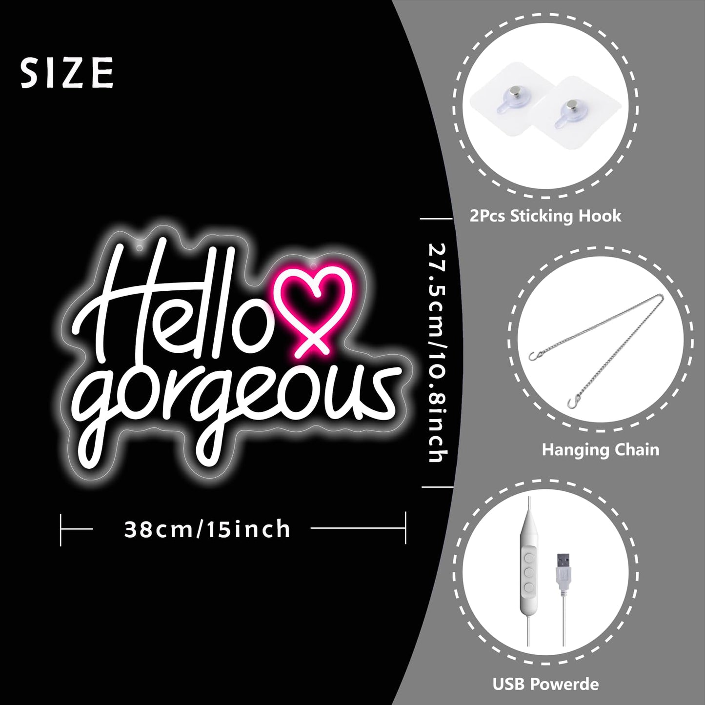 Hello Gorgeous Neon Sign - Neon Light for Bedroom, Bar, Wedding Decor, 5V USB Powered, Dimmable LED Wall Art, Gift(15x10.8inch)