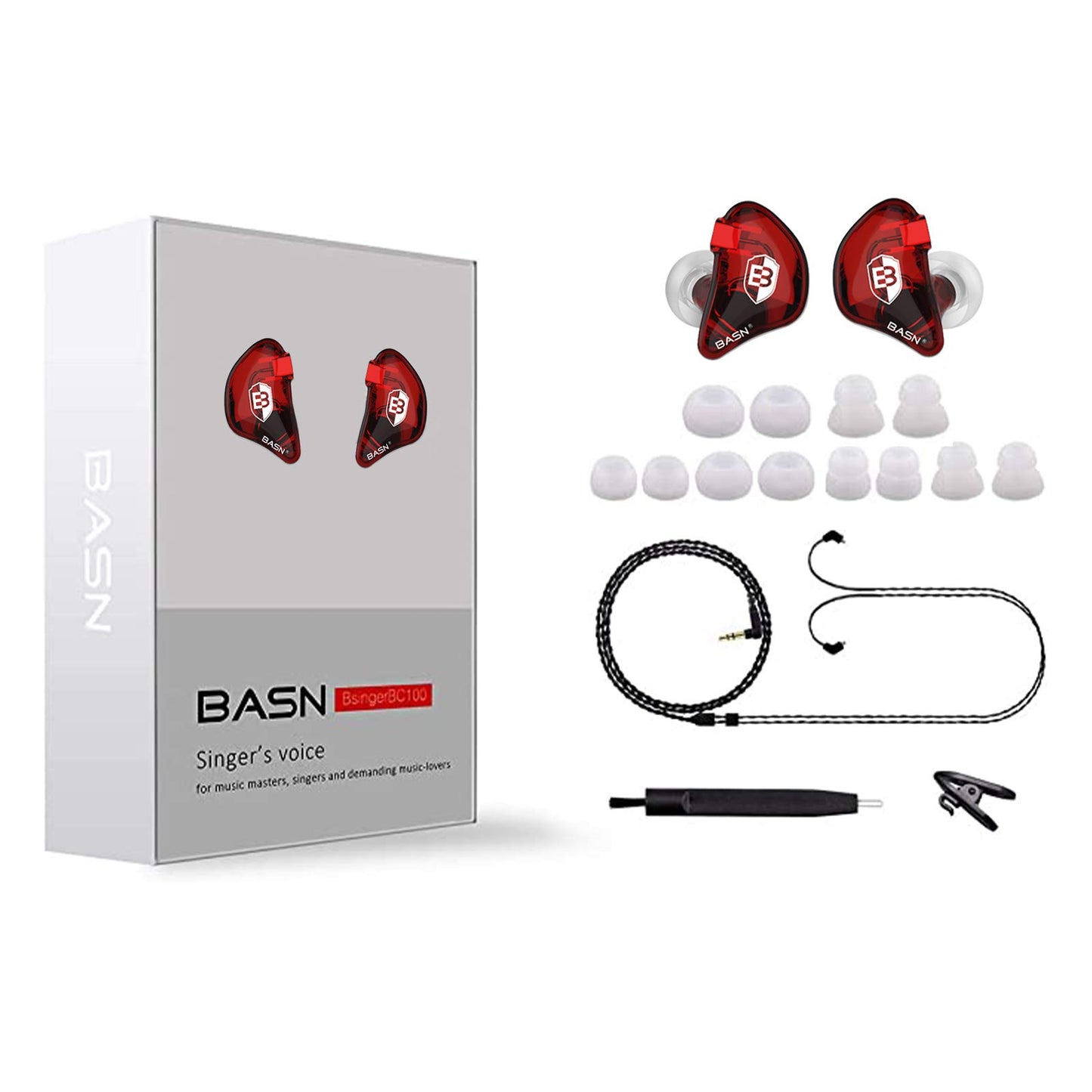 BASN Bsinger BC100 in Ear Monitor Headphones Universal Fit Noise Isolating IEM Earphones for Musicians Singers Studio Audiophiles (Red)