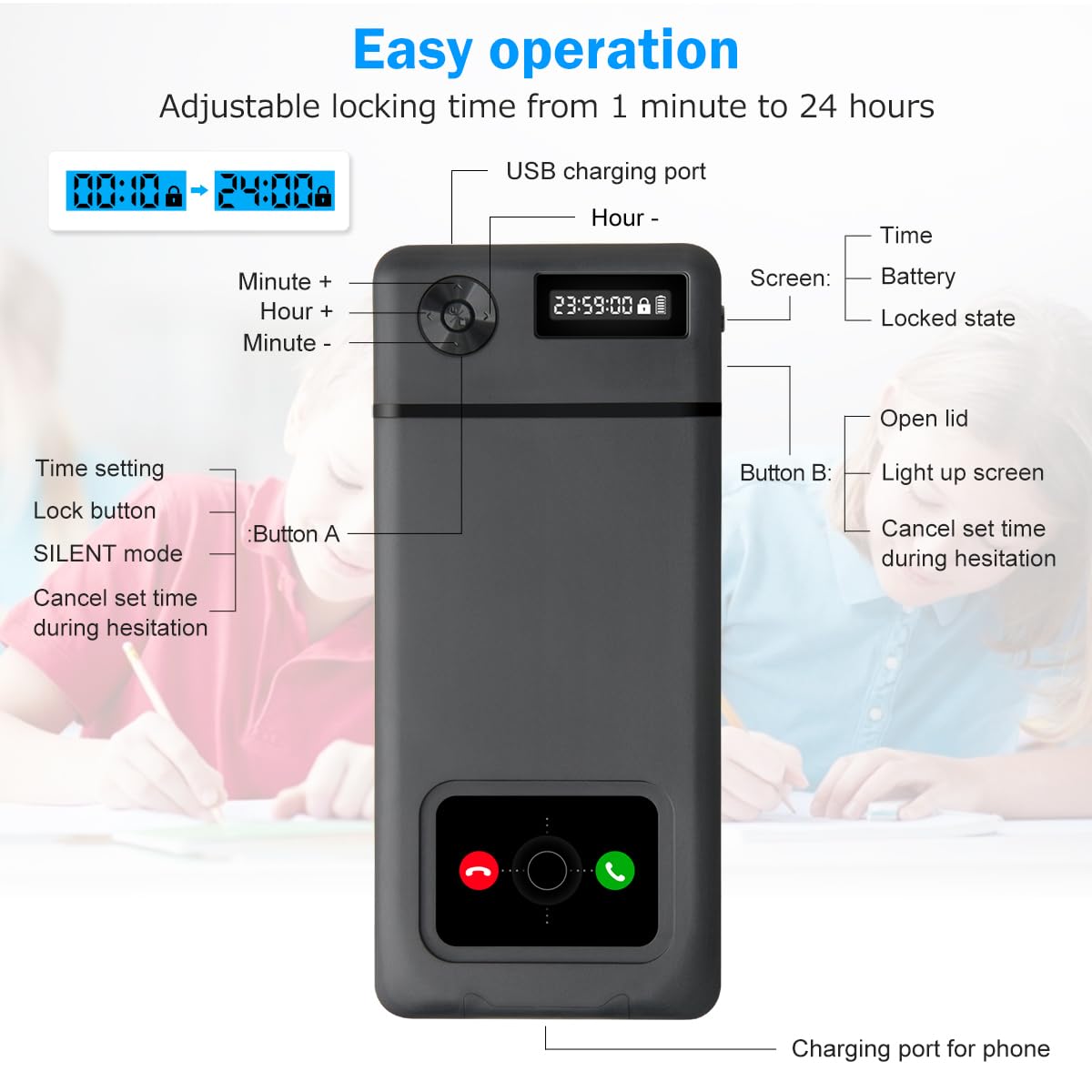 Phone Lock Box with Timer,Phone Lock Box,90 Days of Continuous Use,Quiet Mode,2 Charging Ports,Excessive Games,Mobile Phone Addiction