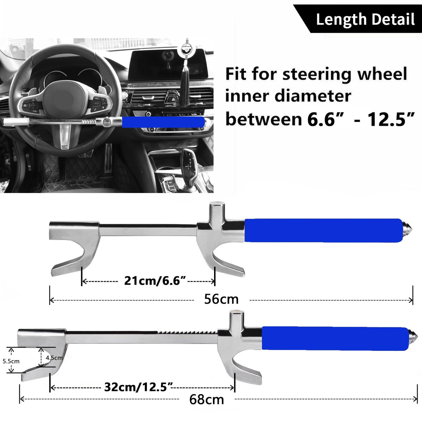 Tevlaphee Steering Wheel Lock Anti-Theft Car Device, Blue, Key Lock, Protects Against Prying, Sawing, Hammering, and Freon Attacks